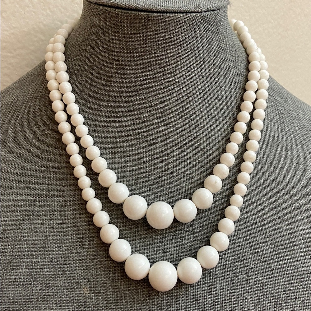 Vintage JAPAN 2 Strand White Glass Necklace